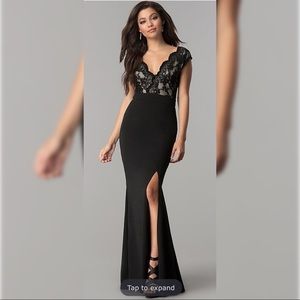 Long Lace-Bodice V-Neck Prom Dress with Slit